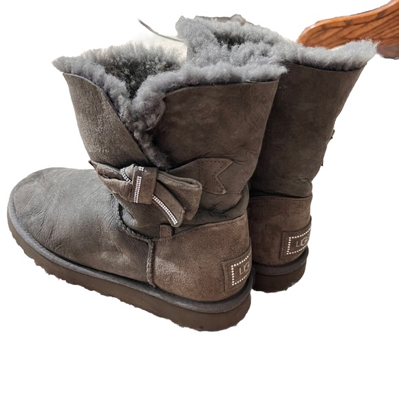 UGG Leather Suede Ankle Shearling Style Boots Gray Bow Rhinestone - Picture 2 of 7